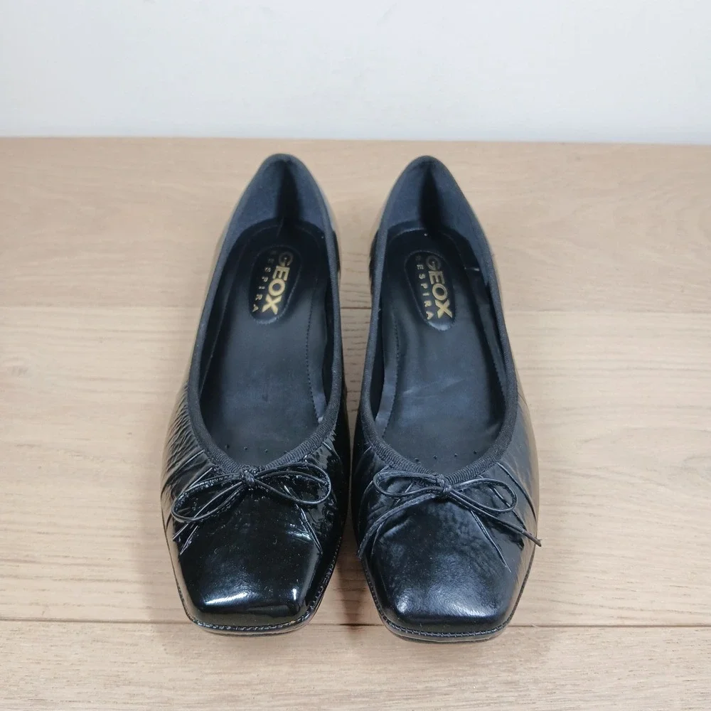 Geox Ballet Flats Womens 38 Black Patent Leather Square Toe Bow Low Wedge Shoe